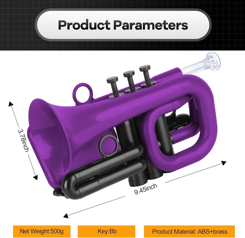 PAMPET DOLPHIN Pocket Trumpet Plastic Bb Trumpet Standard Trumpets for Student Beginner Bb Trumpets Instrument (Purple) - Image 3